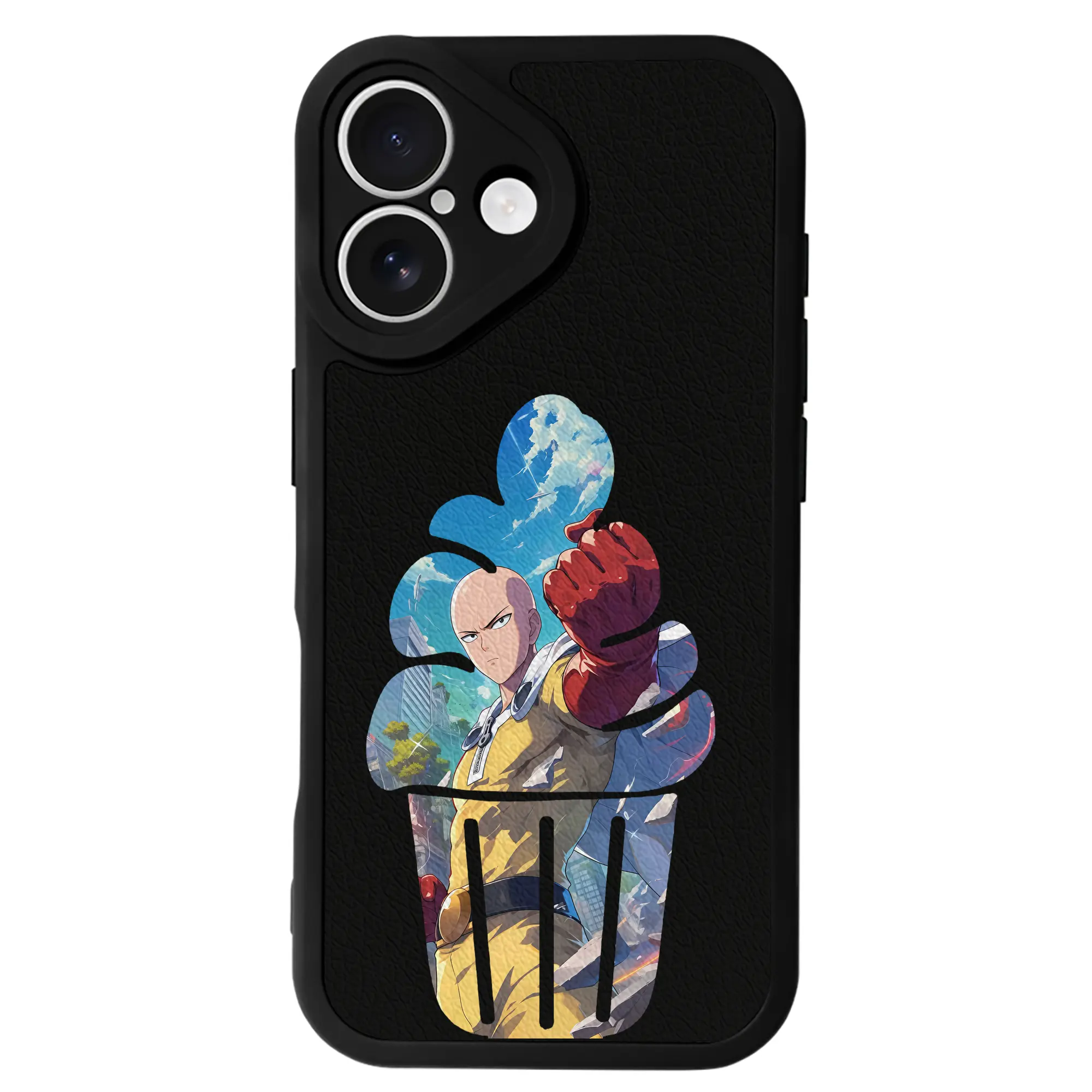 ワンパンマン グッズ サイタマ - IPhone 16シリーズ対応 ・ シリコンスマホケース ・ レザー調 ・ 高精度フィット ・ 耐衝撃 ・ ワイヤレス充電対応 ・ 精密カット